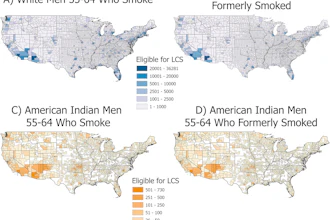 Four U.S. maps comparing smoking rates among White men and American Indian men aged 55-64, showing current and former smokers by county with color-coded population ranges.