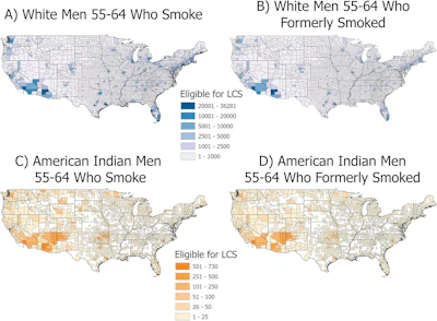 Four U.S. maps comparing smoking rates among White men and American Indian men aged 55-64, showing current and former smokers by county with color-coded population ranges.