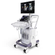 GE Healthcare ultrasound system with display monitor showing cardiac imaging and control panel on mobile cart