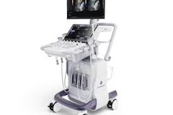 GE Healthcare ultrasound system with display monitor showing cardiac imaging and control panel on mobile cart