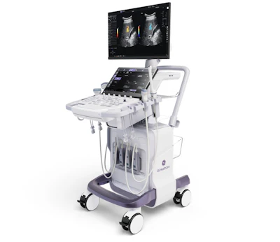 GE Healthcare ultrasound system with display monitor showing cardiac imaging and control panel on mobile cart