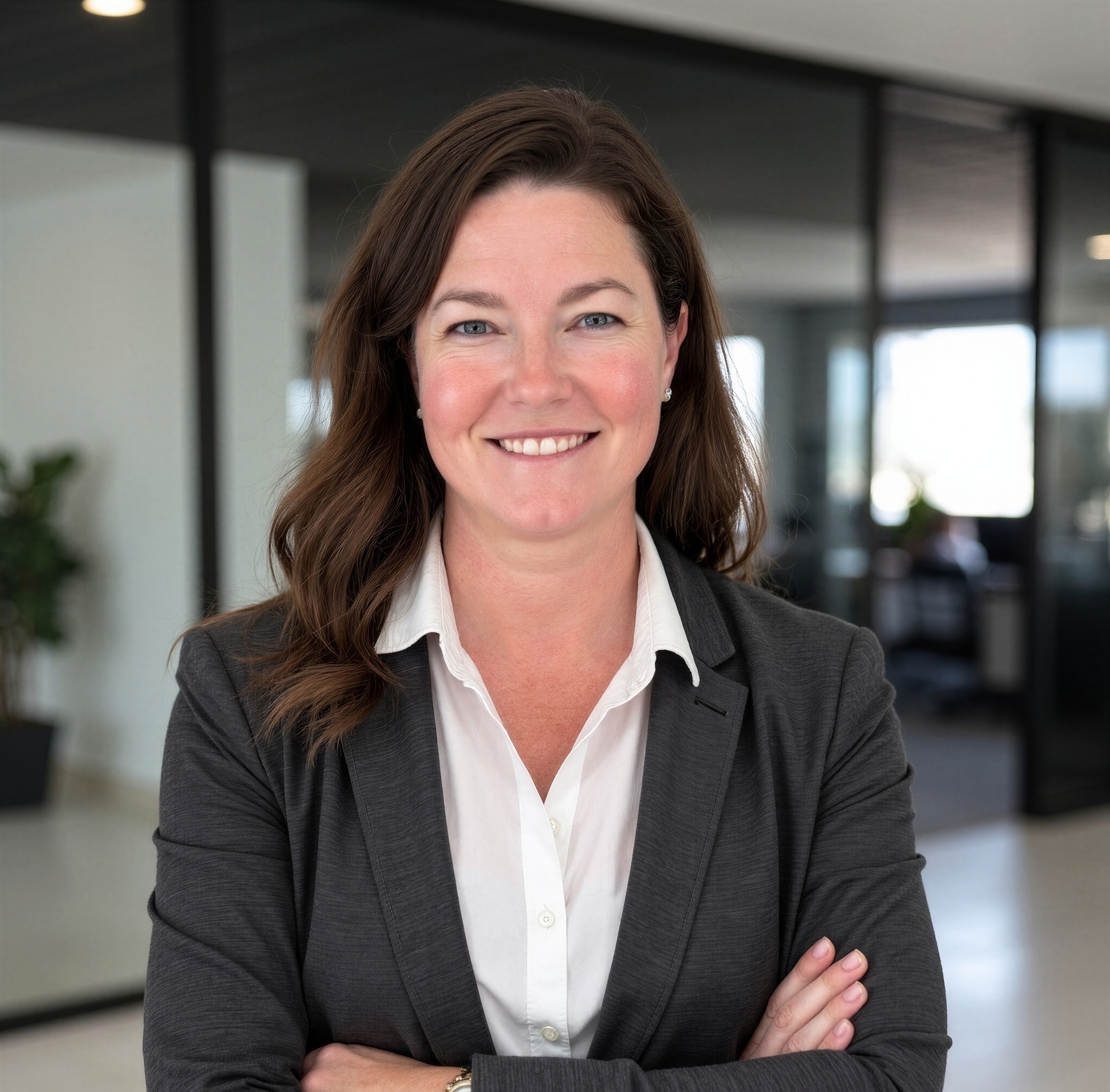 Professional woman in dark blazer and white blouse smiling in modern office setting