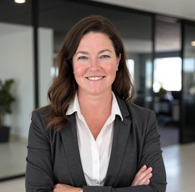 Professional woman in dark blazer and white blouse smiling in modern office setting