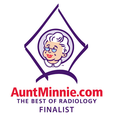 Aunt Minnie.com The Best of Radiology Finalist logo featuring cartoon woman in purple diamond frame
