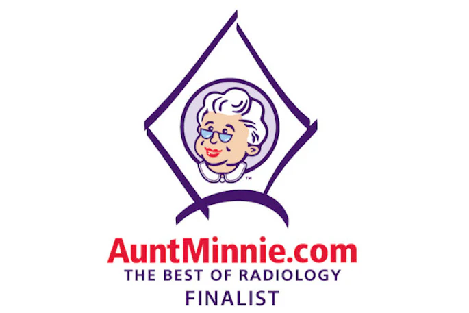 Aunt Minnie.com The Best of Radiology Finalist logo featuring cartoon woman in purple diamond frame