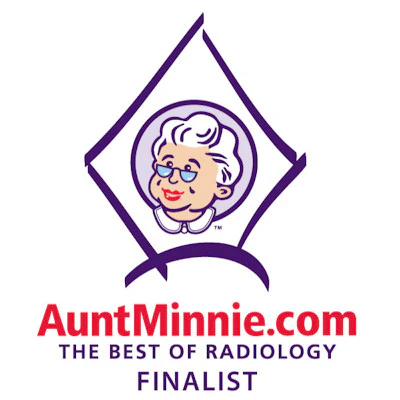 Aunt Minnie.com The Best of Radiology Finalist logo featuring cartoon woman in purple diamond frame