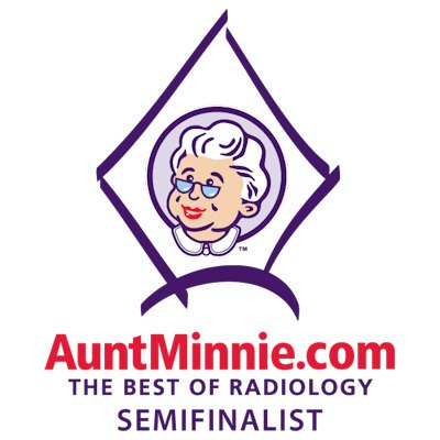 Aunt Minnie radiology logo featuring smiling woman in purple diamond frame with website text