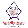 Aunt Minnie radiology logo featuring smiling woman in purple diamond frame with website text