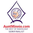 Aunt Minnie radiology logo featuring smiling woman in purple diamond frame with website text