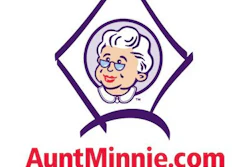 Aunt Minnie radiology logo featuring smiling woman in purple diamond frame with website text