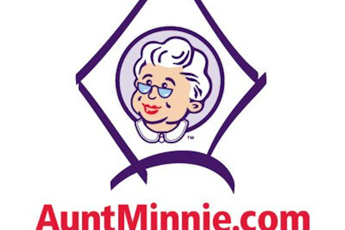 Aunt Minnie radiology logo featuring smiling woman in purple diamond frame with website text