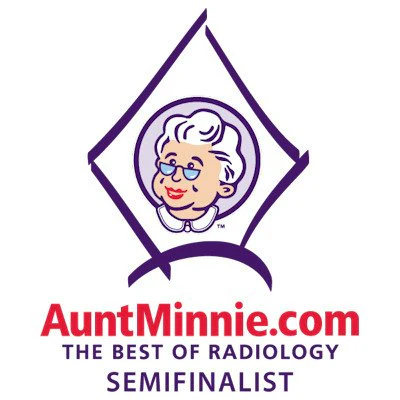 Aunt Minnie radiology logo featuring smiling woman in purple diamond frame with website text