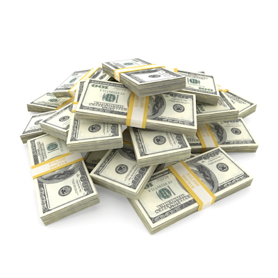 Stack of bundled U.S. $100 bills with gold paper bands arranged in a pile