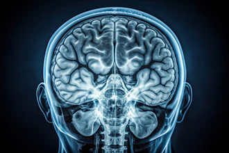 Coronal MRI scan of human brain showing cerebral hemispheres and brainstem structures in blue-toned medical imaging