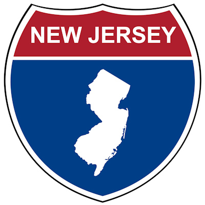 New Jersey state shield logo featuring white state map on navy blue background with red banner header