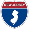 New Jersey state shield logo featuring white state map on navy blue background with red banner header