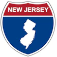 New Jersey state shield logo featuring white state map on navy blue background with red banner header