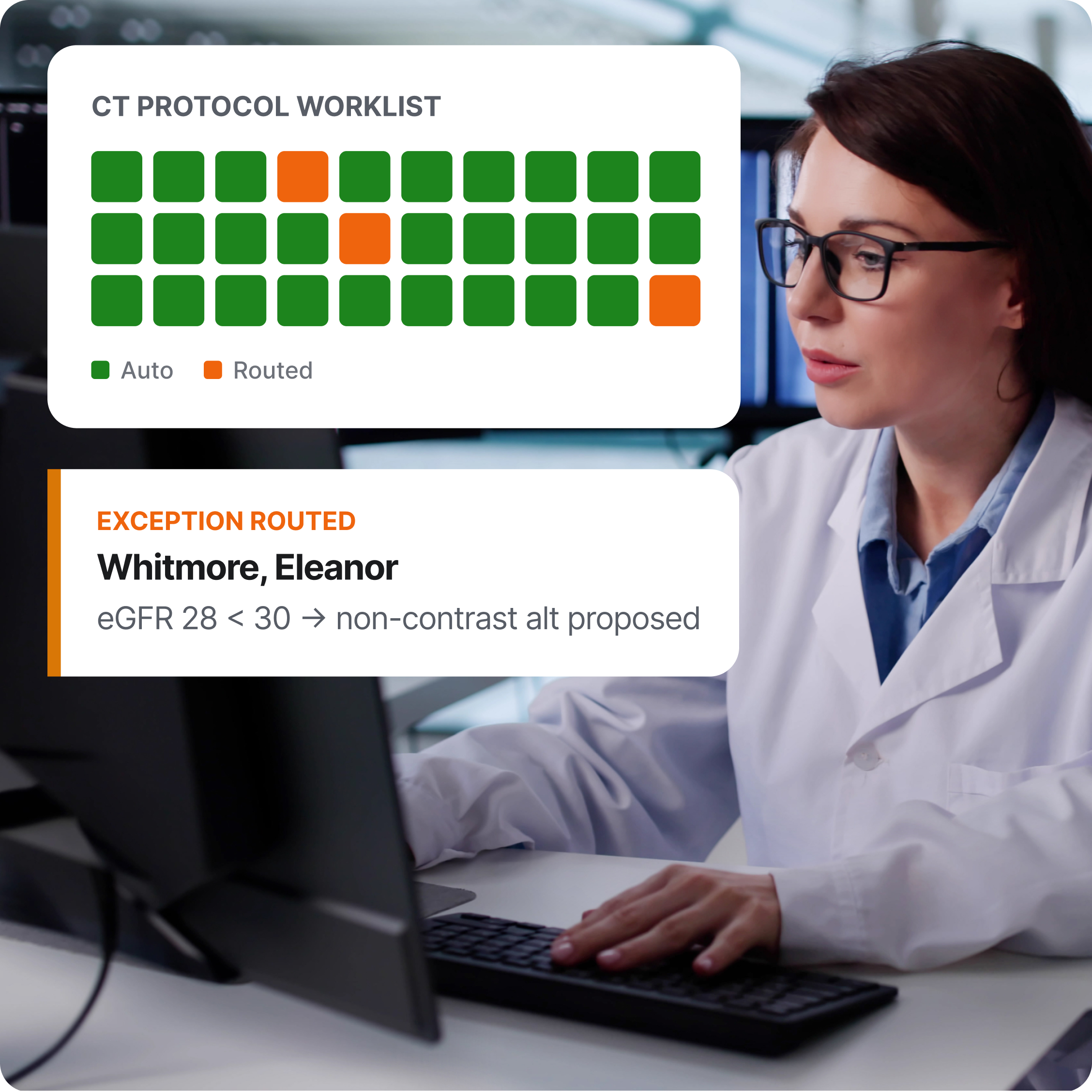 Healthcare professional reviewing CT protocol worklist on computer showing auto and routed status indicators with exception routing details for patient Eleanor Whitmore