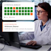 Healthcare professional reviewing CT protocol worklist on computer showing auto and routed status indicators with exception routing details for patient Eleanor Whitmore