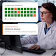 Healthcare professional reviewing CT protocol worklist on computer showing auto and routed status indicators with exception routing details for patient Eleanor Whitmore