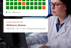 Healthcare professional reviewing CT protocol worklist on computer showing auto and routed status indicators with exception routing details for patient Eleanor Whitmore