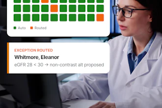Healthcare professional reviewing CT protocol worklist on computer showing auto and routed status indicators with exception routing details for patient Eleanor Whitmore