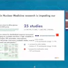 Research presentation on nuclear medicine fragmentation showing 25 studies with PET imaging criteria analysis and expert interview