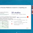 Research presentation on nuclear medicine fragmentation showing 25 studies with PET imaging criteria analysis and expert interview