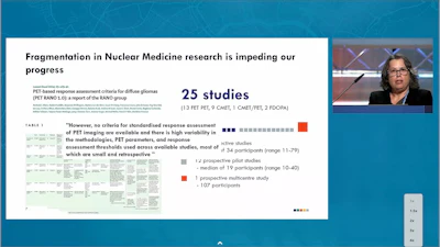 Research presentation on nuclear medicine fragmentation showing 25 studies with PET imaging criteria analysis and expert interview