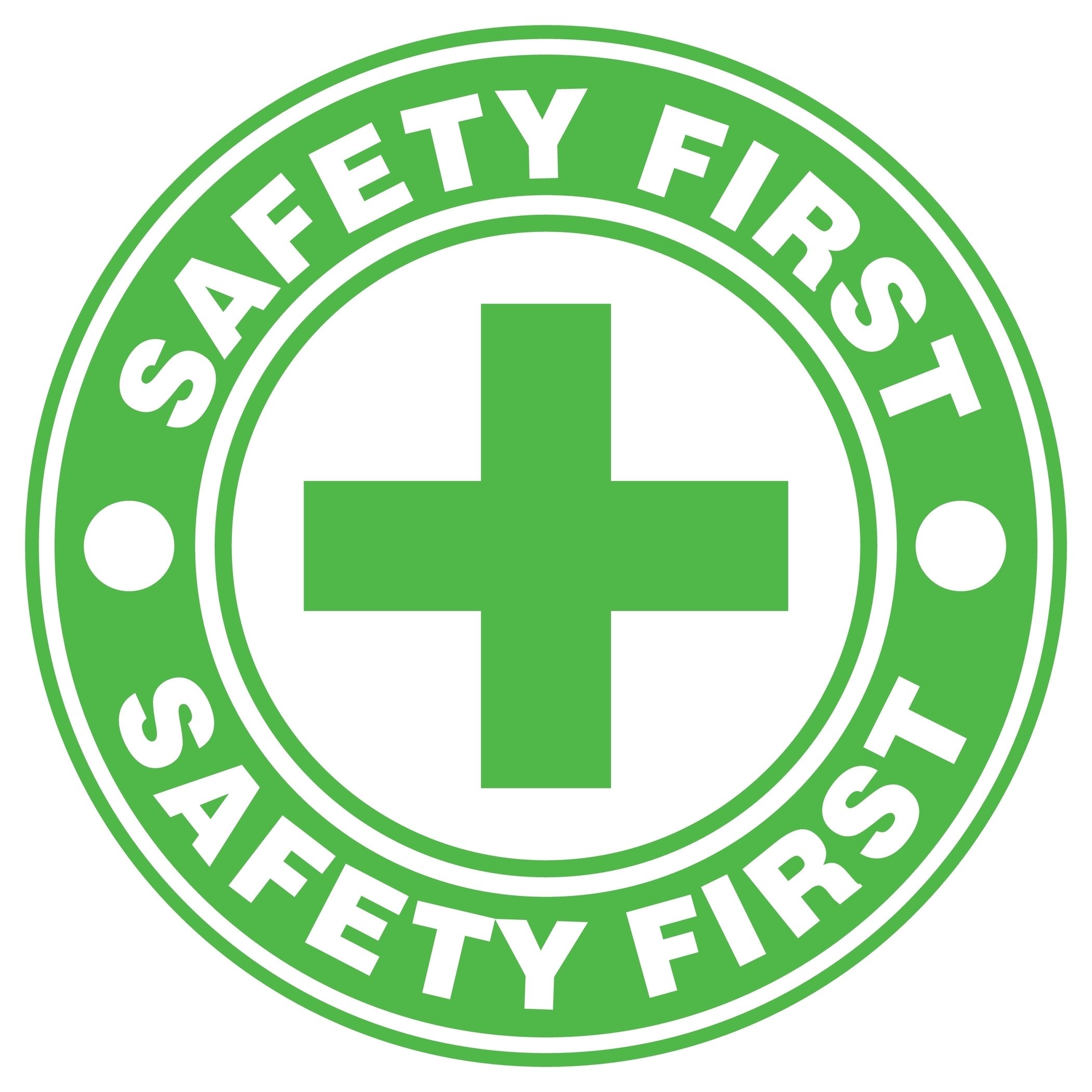 Safety First green circular badge logo with white medical cross symbol