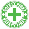 Safety First green circular badge logo with white medical cross symbol