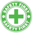 Safety First green circular badge logo with white medical cross symbol