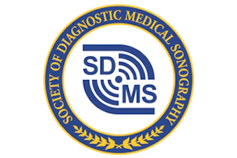 SDMS San Diego Diagnostic Medical Sonographers circular seal logo with navy blue and gold colors