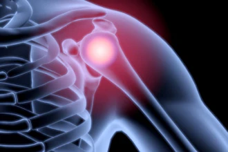 3D medical illustration of shoulder joint pain with glowing red inflammation on skeletal anatomy