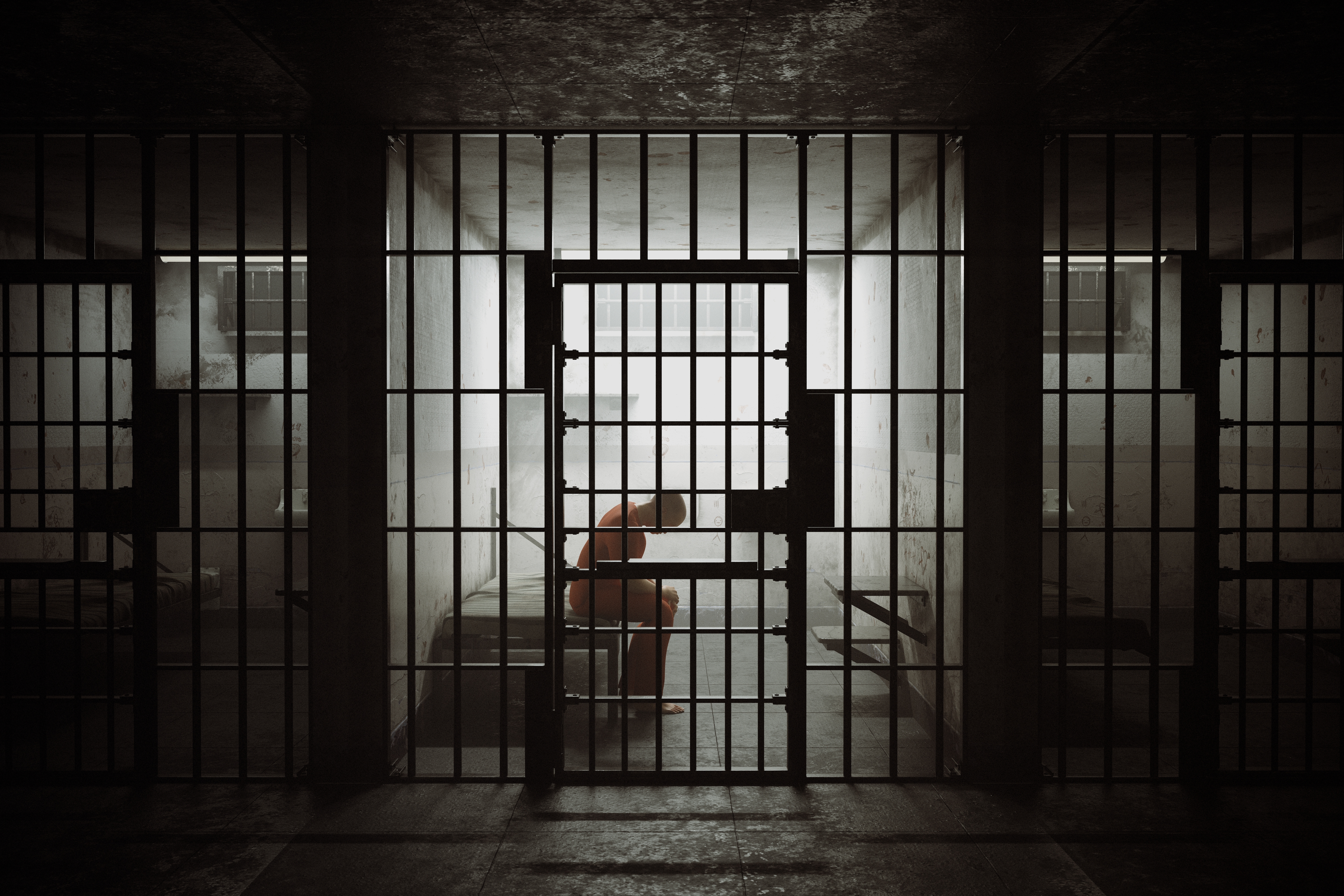 Dimly lit prison cell with barred doors and figure inside, conveying confinement and isolation